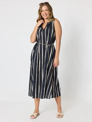 Sunset Safari Sleeveless Stripe Print Dress - Black/Ivory