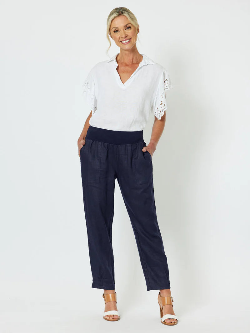 Sarah Linen Pleat Hem Pant - Navy