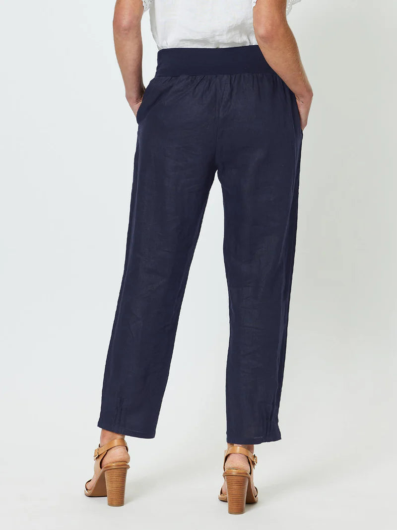 Sarah Linen Pleat Hem Pant - Navy