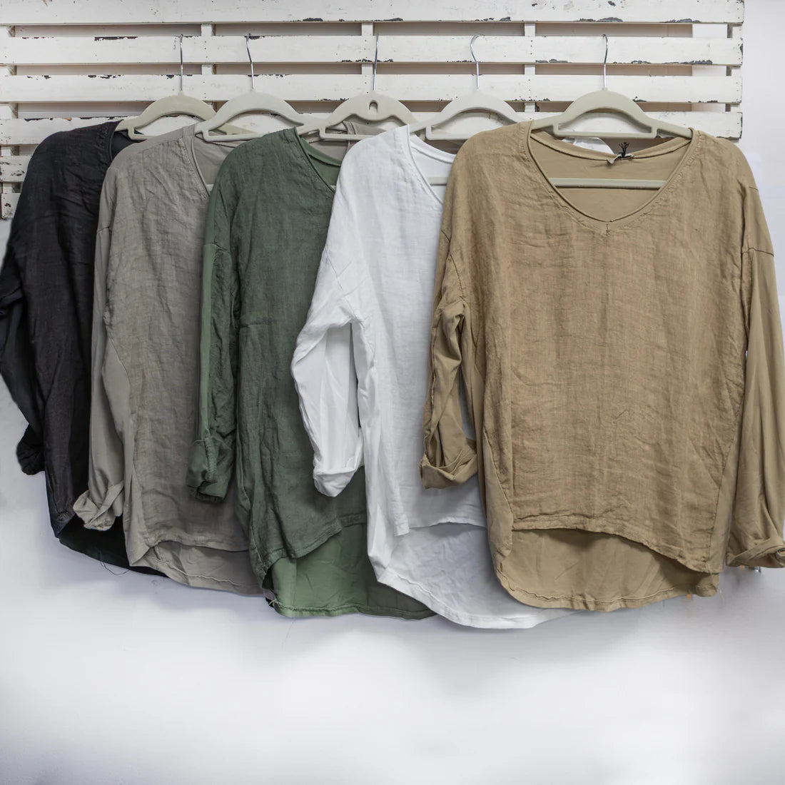 V Neck Linen Front & Cotton Back L/S Top