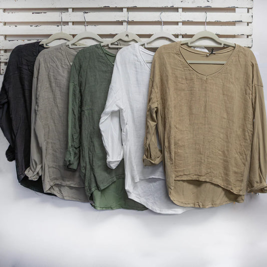V Neck Linen Front & Cotton Back L/S Top