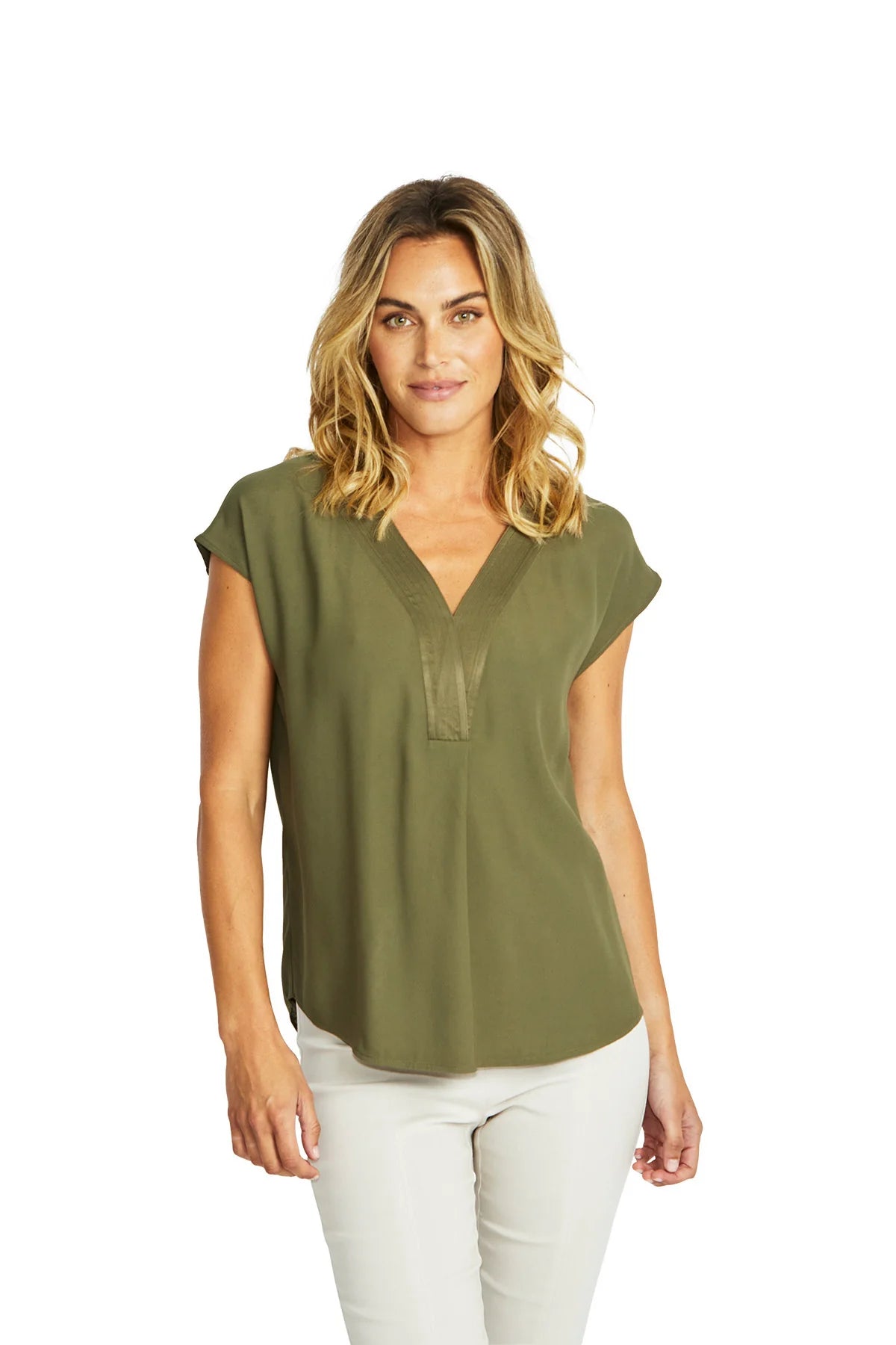 Helen V Neck Slinky Top Khaki or Ivory