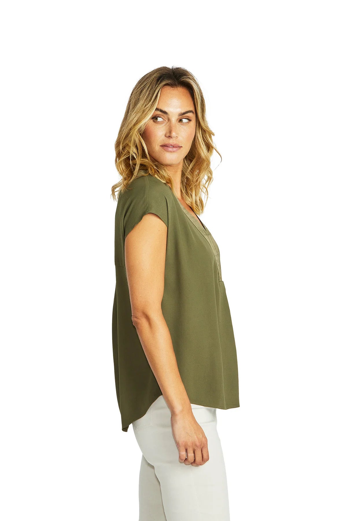 Helen V Neck Slinky Top Khaki or Ivory