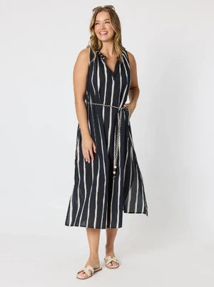 Sunset Safari Sleeveless Stripe Print Dress - Black/Ivory