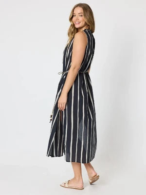 Sunset Safari Sleeveless Stripe Print Dress - Black/Ivory