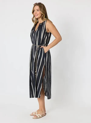 Sunset Safari Sleeveless Stripe Print Dress - Black/Ivory